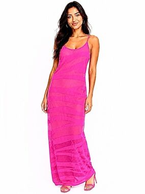 SHEIN Bright Fuchsia Hot Pink Sheer Tiger Print Stretch Slip Maxi Dress L NEW!!!